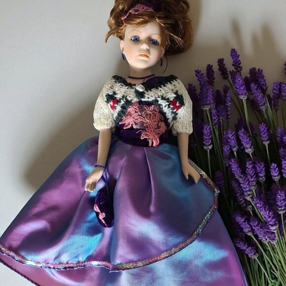 Elegant Porcelain Doll in Purple Dress & Matching Sweater Set - Picture 9 of 16